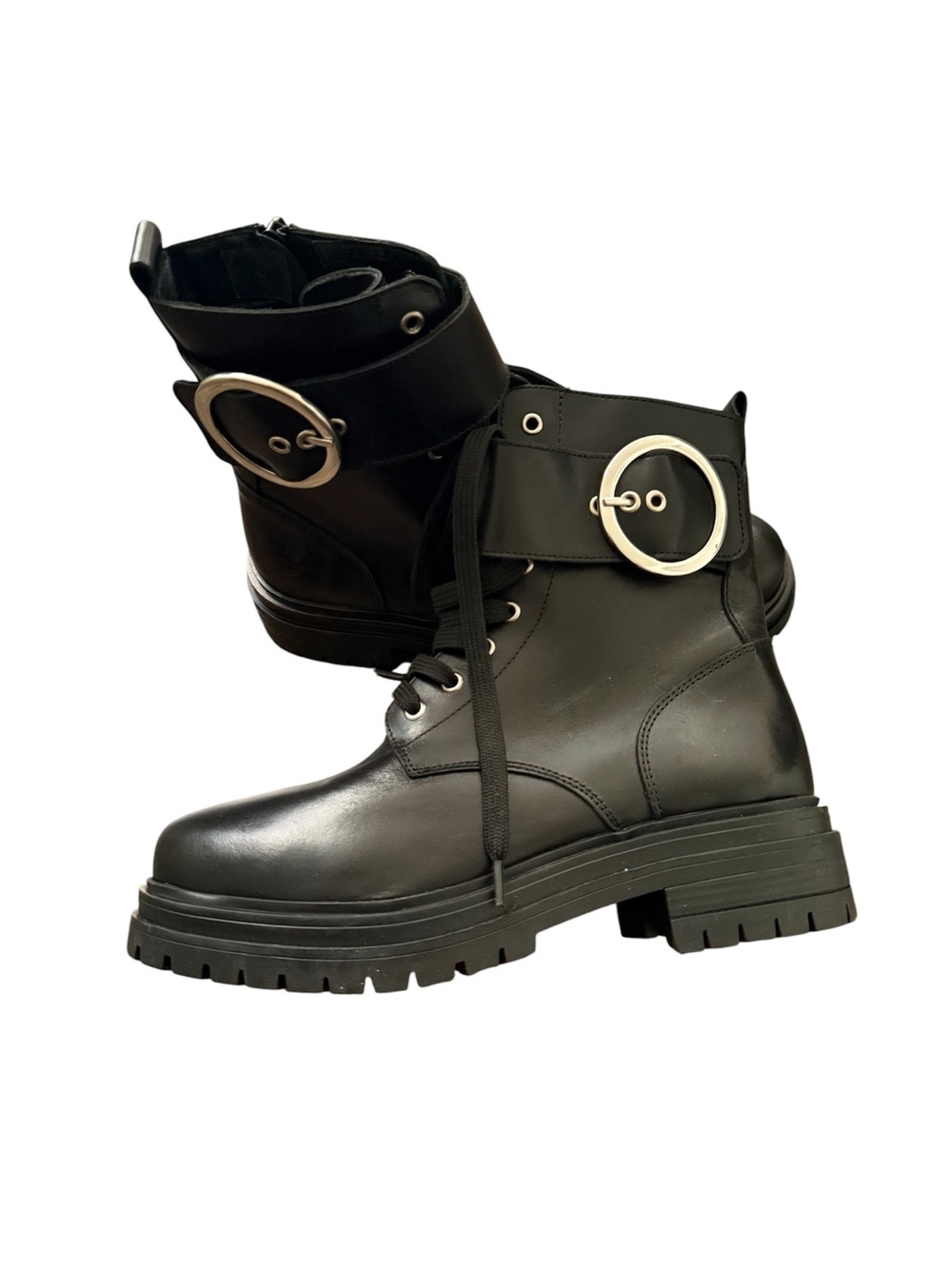 Women's Black Moto Combat Boots with Decorative Buckle